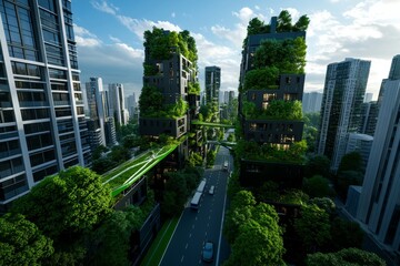 Obraz premium Futuristic city with towering green skyscrapers, rooftop forests, and sky bridges connecting eco-buildings, representing the future of green urban planning