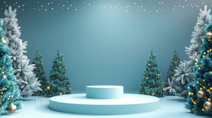 Minimalist Christmas Scene with a Circular Platform and Decorated Trees