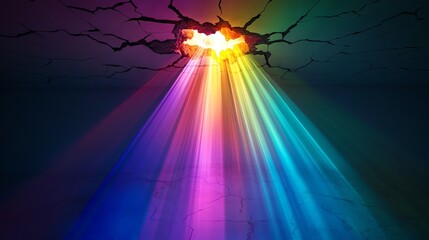 Vibrant beams of rainbow light shine through a cracked surface, creating a dramatic and colorful visual effect in dark surroundings.