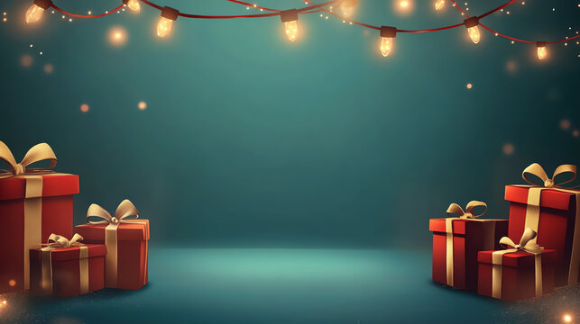 Festive scene with beautifully wrapped red gifts illuminated by string lights, creating a magical holiday atmosphere.