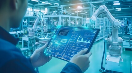 Industry 4.0 , concept of Man hand holding tablet with Augmented reality screen software and blue tone of automate wireless Robot arm in smart factory background. Mixed media. 