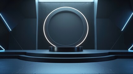 Futuristic Black Platform with Circular Neon Lights