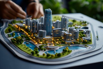 Hyper-realistic close-up of a 3D city model being examined by urban planners, capturing every minute detail of the buildings, roads, and parks, representing the meticulous work in urban planning