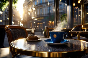 Hyper-realistic depiction of a neighborhood cafÃ© at dawn, with light shining through the windows, detailed textures of the chairs, tables, and steaming coffee