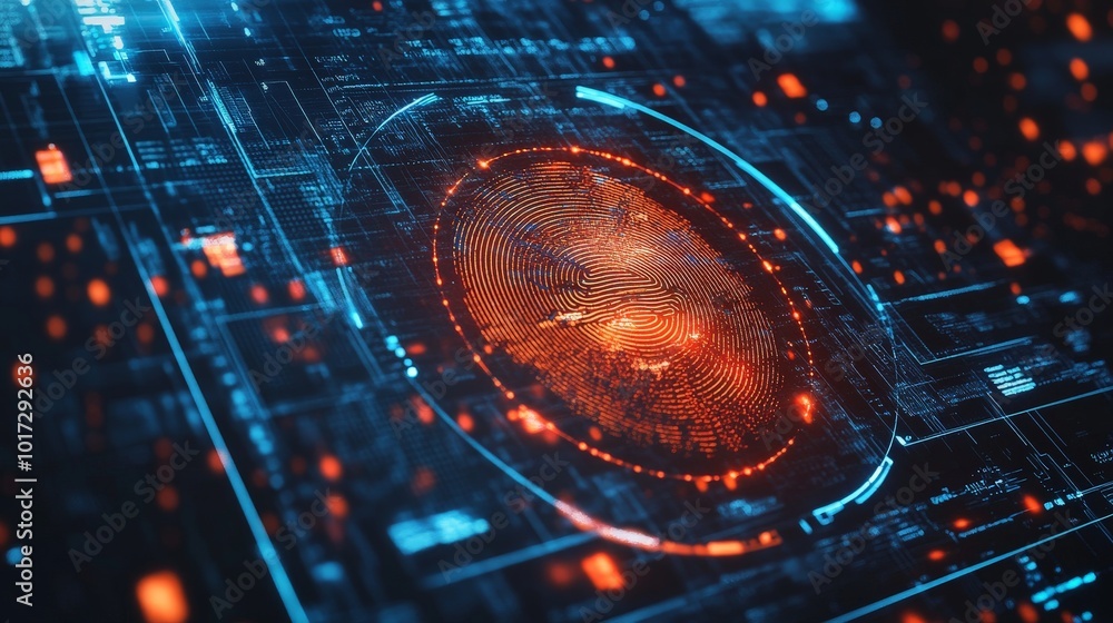 Poster biometric data being analyzed for secure access to a personal device, with futuristic fingerprint an