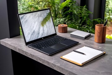 Realistic depiction of a minimalist home office with only a laptop, notebook, and pen, symbolizing efficiency and focus in essentialism