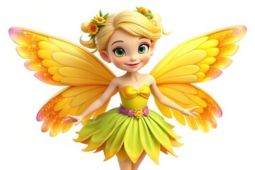 Cute fairy wearing a sunny yellow outfit and wings flutters against a bright white backdrop, inspiring creativity and magic in various artistic projects.