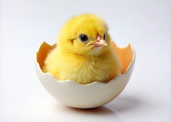 Cute yellow chick emerging from an egg on a bright white background, making it a wonderful choice for spring and Easter-themed stock photography and festive designs.