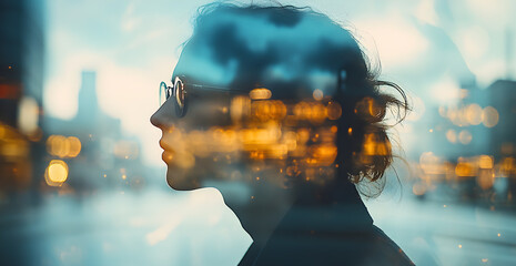 A woman's face is blurred in a cityscape