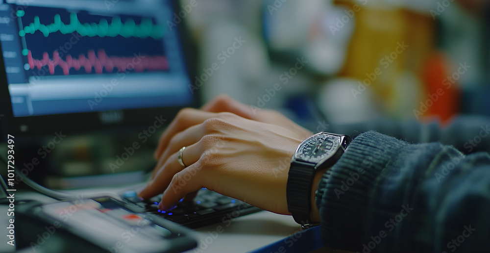 Poster a person is typing on a computer keyboard while wearing a watch