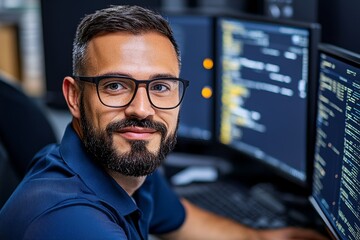 Fototapeta premium Realistic image of a cybersecurity officer discovering suspicious activity on a company network, alerting the team to a potential insider threat