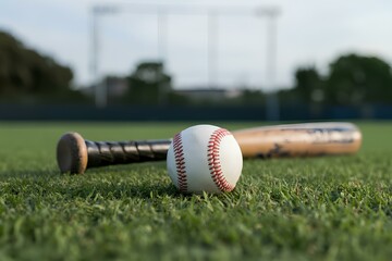 A baseball and a bat on the ground.｜グラウンドに置かれた野球ボールとバット。
