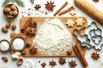 A flat lay of holiday baking ingredients, with cinnamon sticks, star anise, ginger, flour, sugar, and cookie cutters, on a floured wooden board with a rolling pin beside