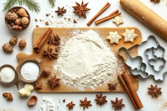 A flat lay of holiday baking ingredients, with cinnamon sticks, star anise, ginger, flour, sugar, and cookie cutters, on a floured wooden board with a rolling pin beside - Powered by Adobe