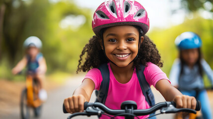 Fototapeta premium Biking for Health, children riding bikes through a park with helmets on, promoting safe exercise, with copy space, Child Health Day