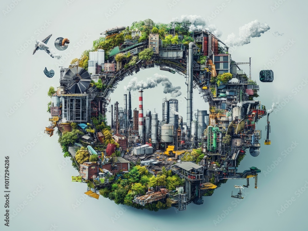 Poster circular economy in action, with industries sharing materials and energy in a closed-loop system, re