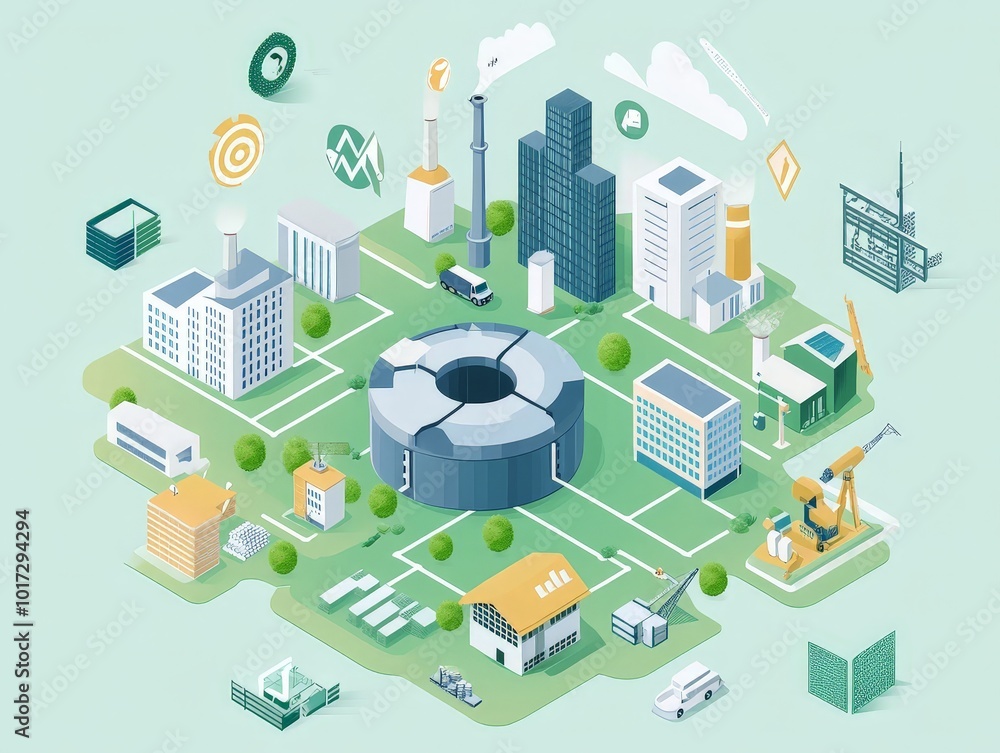 Poster circular economy in action, with industries sharing materials and energy in a closed-loop system, re