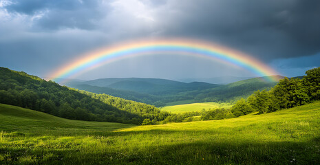 A rainbow is seen in the sky above a grassy field © ClicksdeMexico
