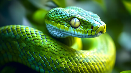 Fototapeta premium A vibrant green snake coiled among lush foliage.