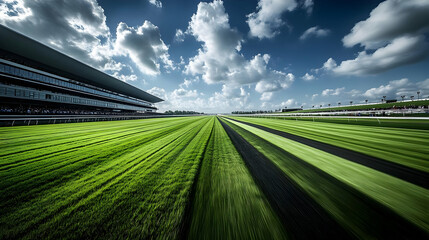 A vibrant horse racing track under a dramatic sky.