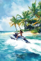 Artistic illustration of jetski in water. Summer tropical sports.