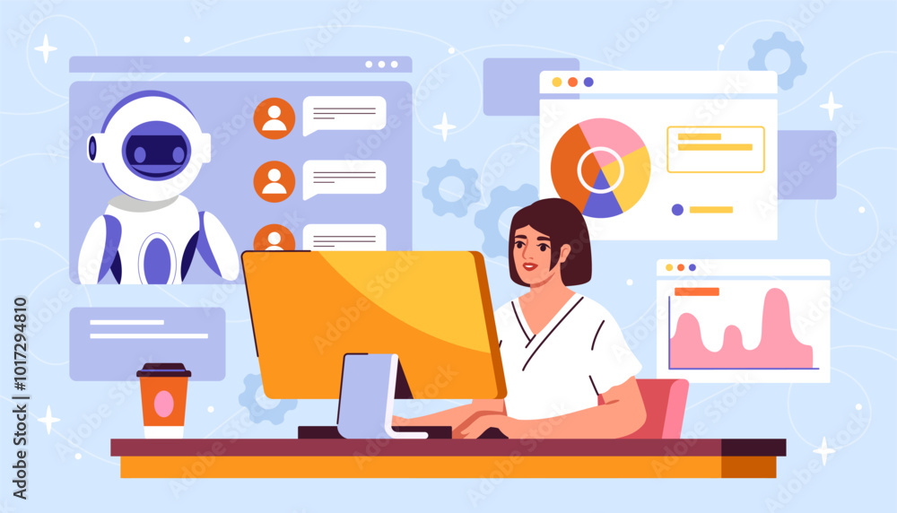 Poster woman with ai chat. young girl at computer communicates with virtual assistant. artificial intellige