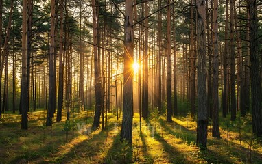 Fototapeta premium Sunset in the pine forest. Beautiful landscape. Nature composition.