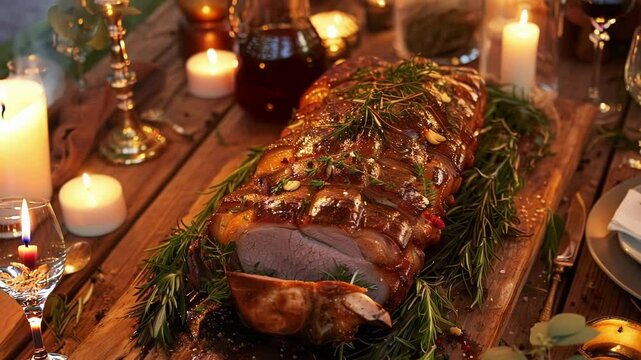 Sliced roast beef elegantly displayed on rustic table with rosemary and candles, creating warm atmosphere for holiday dinner with family and friends