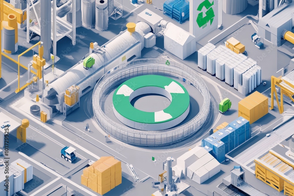 Poster circular economy visualized by a closed-loop recycling system, where products are designed for full 