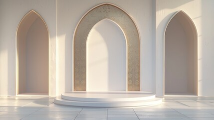 White Circular Podium with Ornate Arches in a Minimalist Room