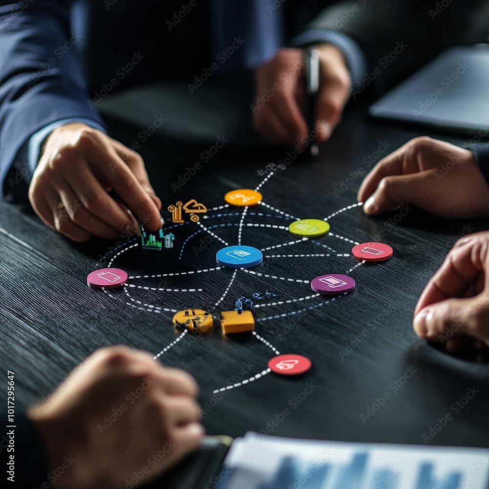 Poster a group of people are playing a game on a table with a colorful diagram