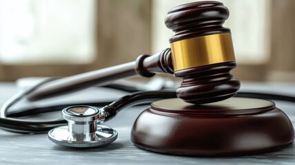 Close-up of a gavel and stethoscope, law and healthcare intersection concept, deep depth of field, sharp details, professional setting