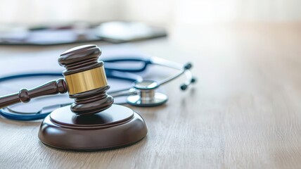Law and healthcare symbols, gavel and stethoscope on a wooden desk, deep depth of field, sharp focus, subtle lighting 