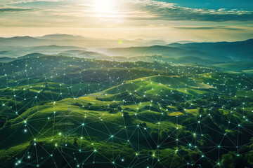 landscape showing network expansion, endless green hills at sunrise, grid overlaying scene, digital mesh pattern, technology, connected future, photorealistic, OeE