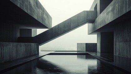 Obraz premium Minimalist concrete architecture with a reflecting pool and fog in the background.