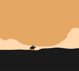 Silhouette man riding horse during sunset time on desert landscape. Hobbies and leisure. Nature holiday vacation.