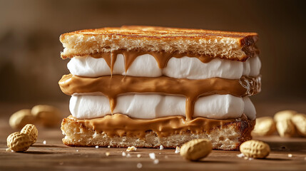 Classic Fluffernutter Sandwich, a close-up of the gooey marshmallow fluff and peanut butter sandwich, with copy space, National Fluffernutter Day