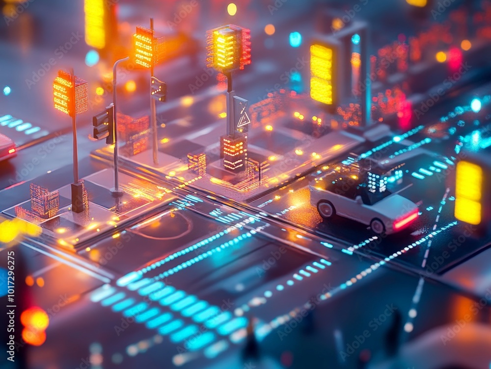 Aufkleber cybersecurity in a smart city visualized by encrypted data flows between city sensors, traffic light