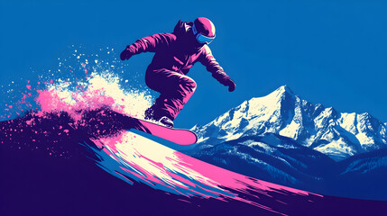 A vibrant snowboarder riding a colorful wave against a mountain backdrop.