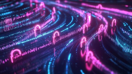 Data encryption visualized with glowing locks securing a stream of data as it travels across a network, creating a sense of strong security.