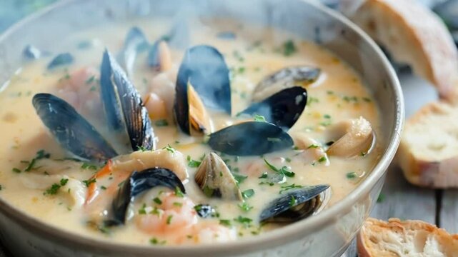 Steaming seafood chowder with fresh parsley and crusty bread, filled with shellfish. Enjoy this gourmet meal on a rustic wooden table