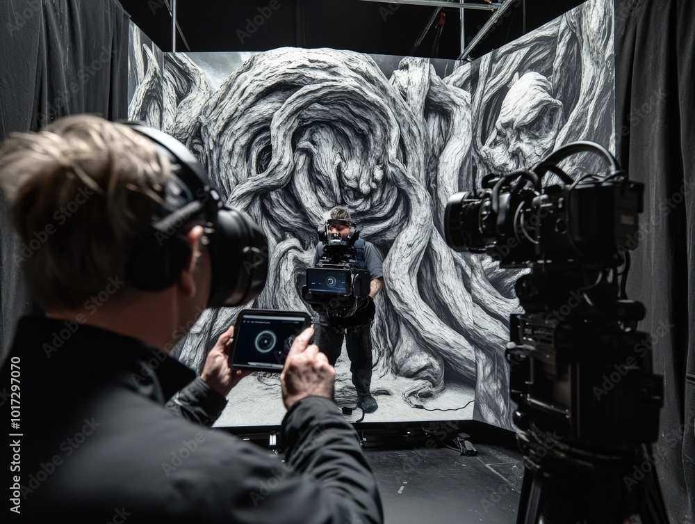 Poster designers developing immersive environments for virtual reality experiences, focusing on realistic t