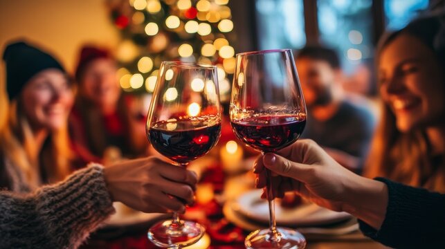 Celebrating Christmas with loved ones over a meal and non-alcoholic red wine