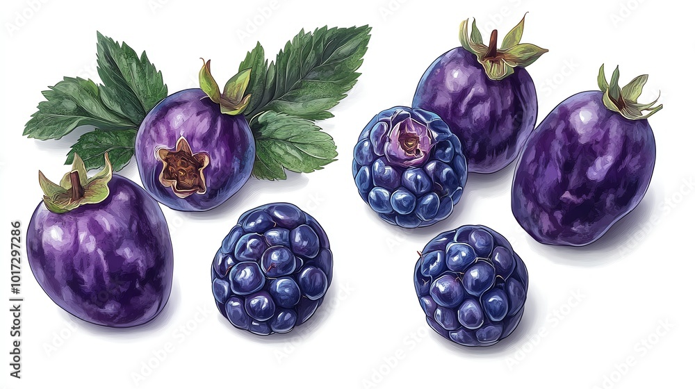 Wall mural Deep purple bilberries, isolated on white background, vibrant and detailed