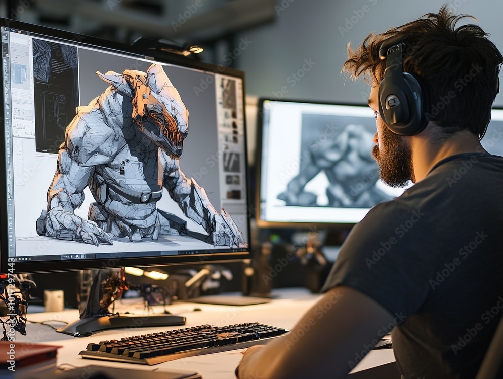 Poster designers working on 3d creative projects, using advanced software to create detailed character desi