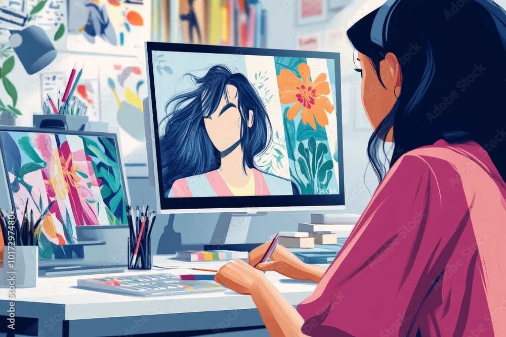 Poster designers working on a creative illustration project for an editorial piece, using unique visual sto