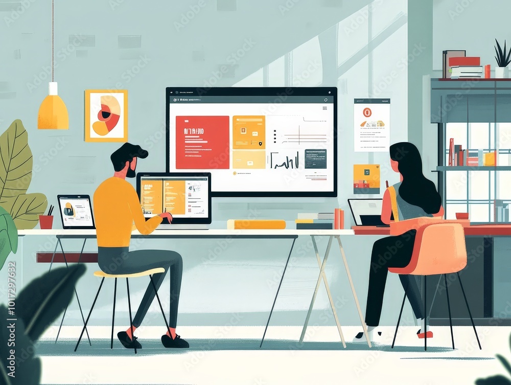 Poster designers working on creative presentation slides, incorporating modern design trends like flat desi