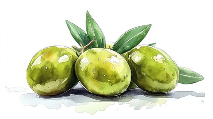 Obraz premium Fresh, green olives, isolated on a white background, vibrant and detailed