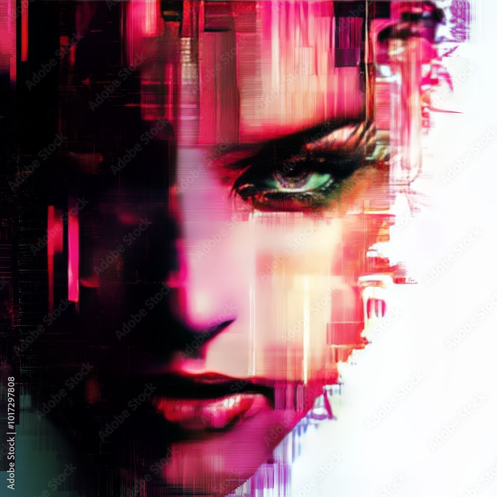 Poster digital art quote design with pixelated patterns and glitch effects, creating a modern and edgy face