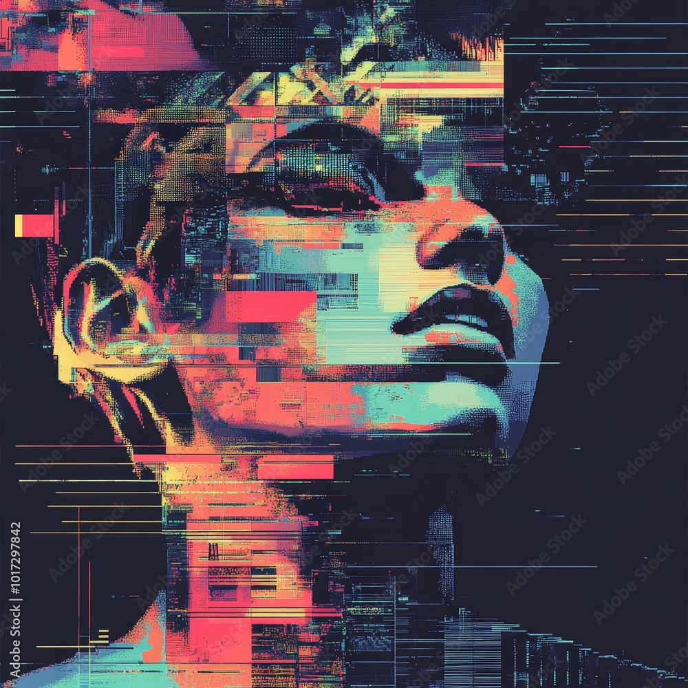 Poster digital art quote design with pixelated patterns and glitch effects, creating a modern and edgy face